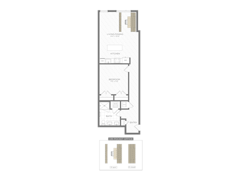Floor plan for 1 bed, 1 bath, 684 sqft